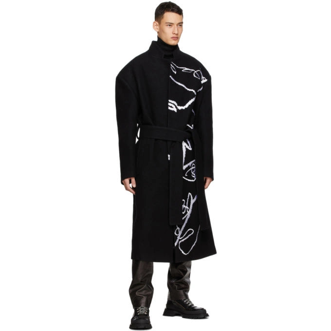 Black Embroidered Belted Robe Coat by Sean Suen