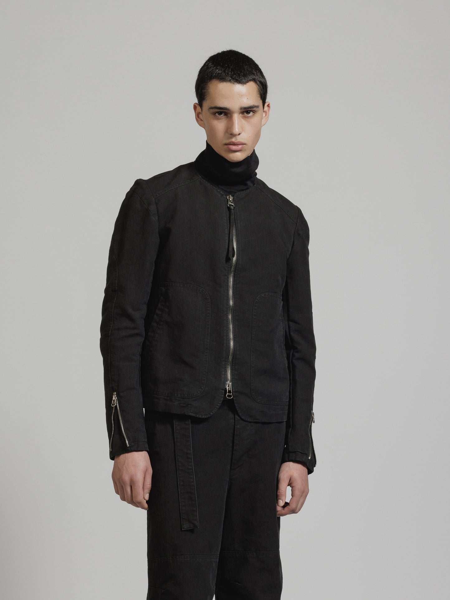 Black Object Dyed Dense Cotton Collarless Biker Jacket