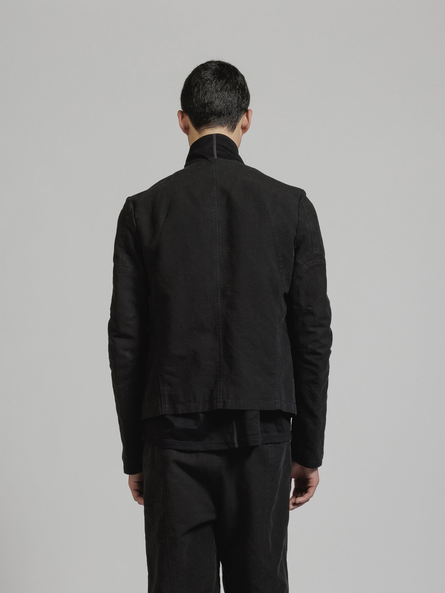 Black Object Dyed Dense Cotton Collarless Biker Jacket