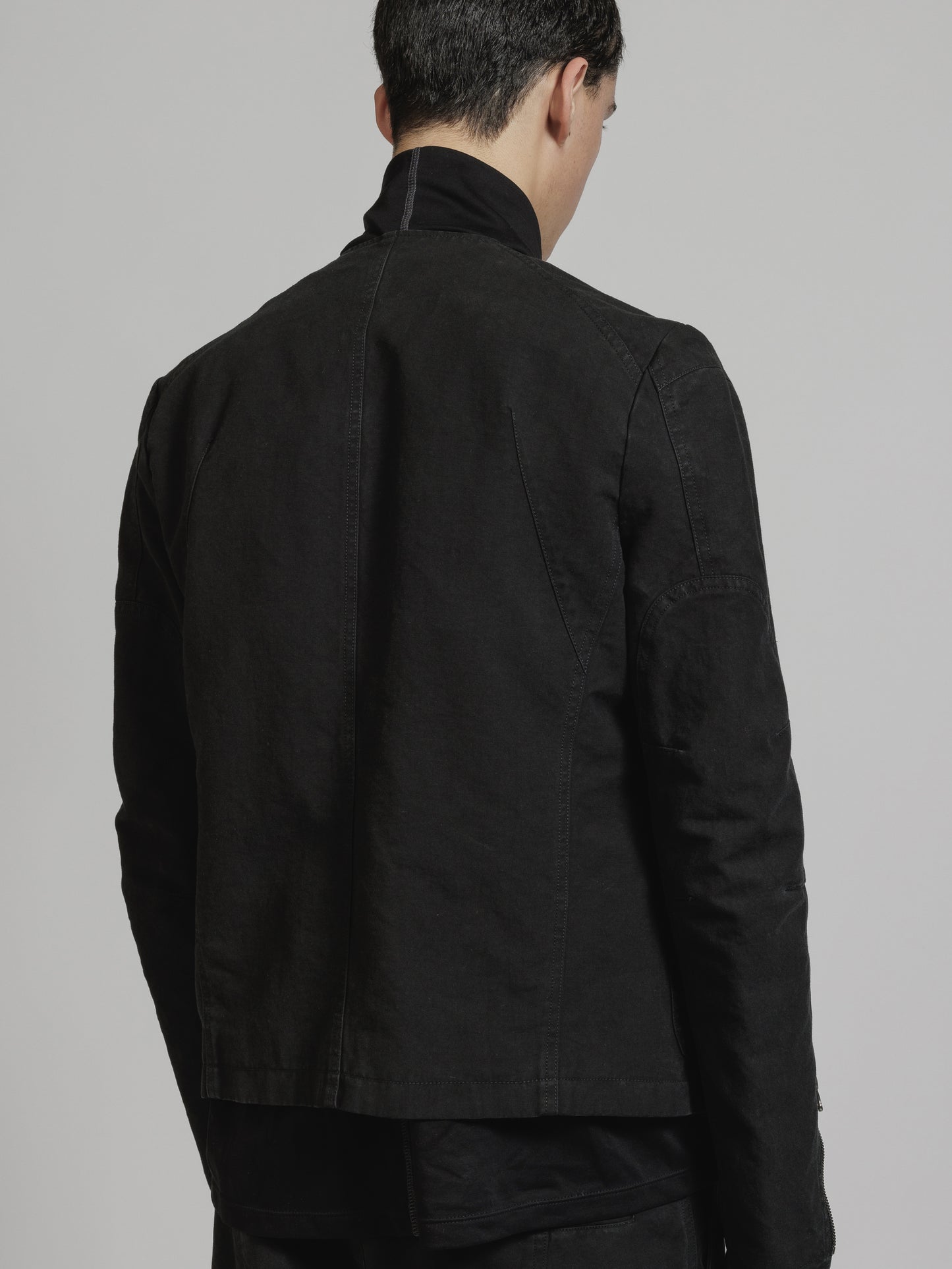 Black Object Dyed Dense Cotton Collarless Biker Jacket
