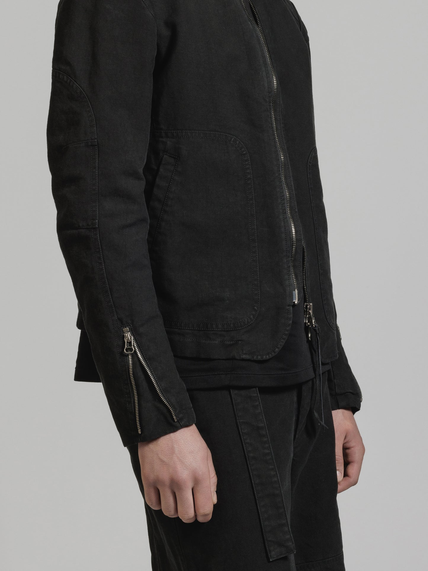 Black Object Dyed Dense Cotton Collarless Biker Jacket