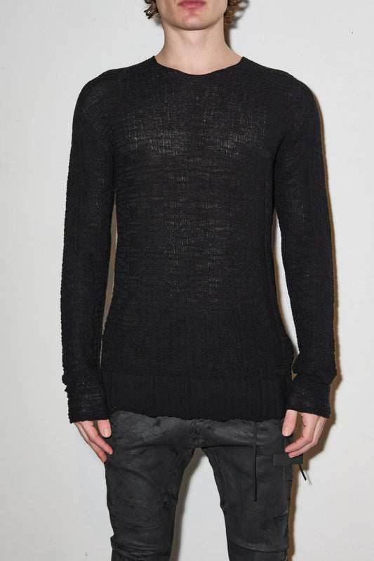 Black Textured Twist Wool Crew Neck Sweater