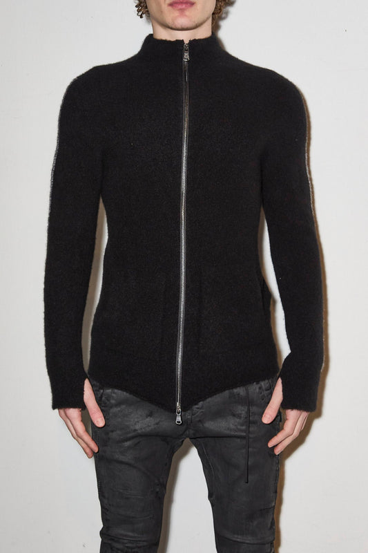 Black Front Zip High Neck Cardigan w/ Contrast Stitched Detail Sleeves Sweater
