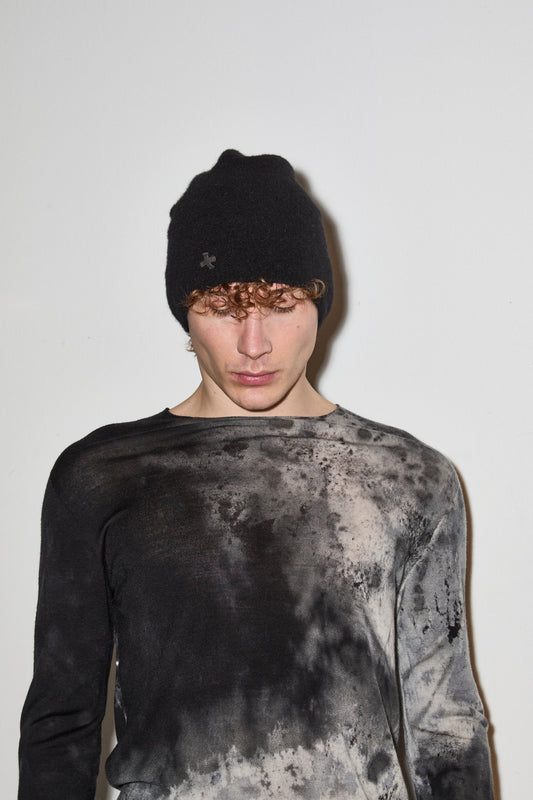 Black Cashmere Knit Cap w/ Leather Cross Logo