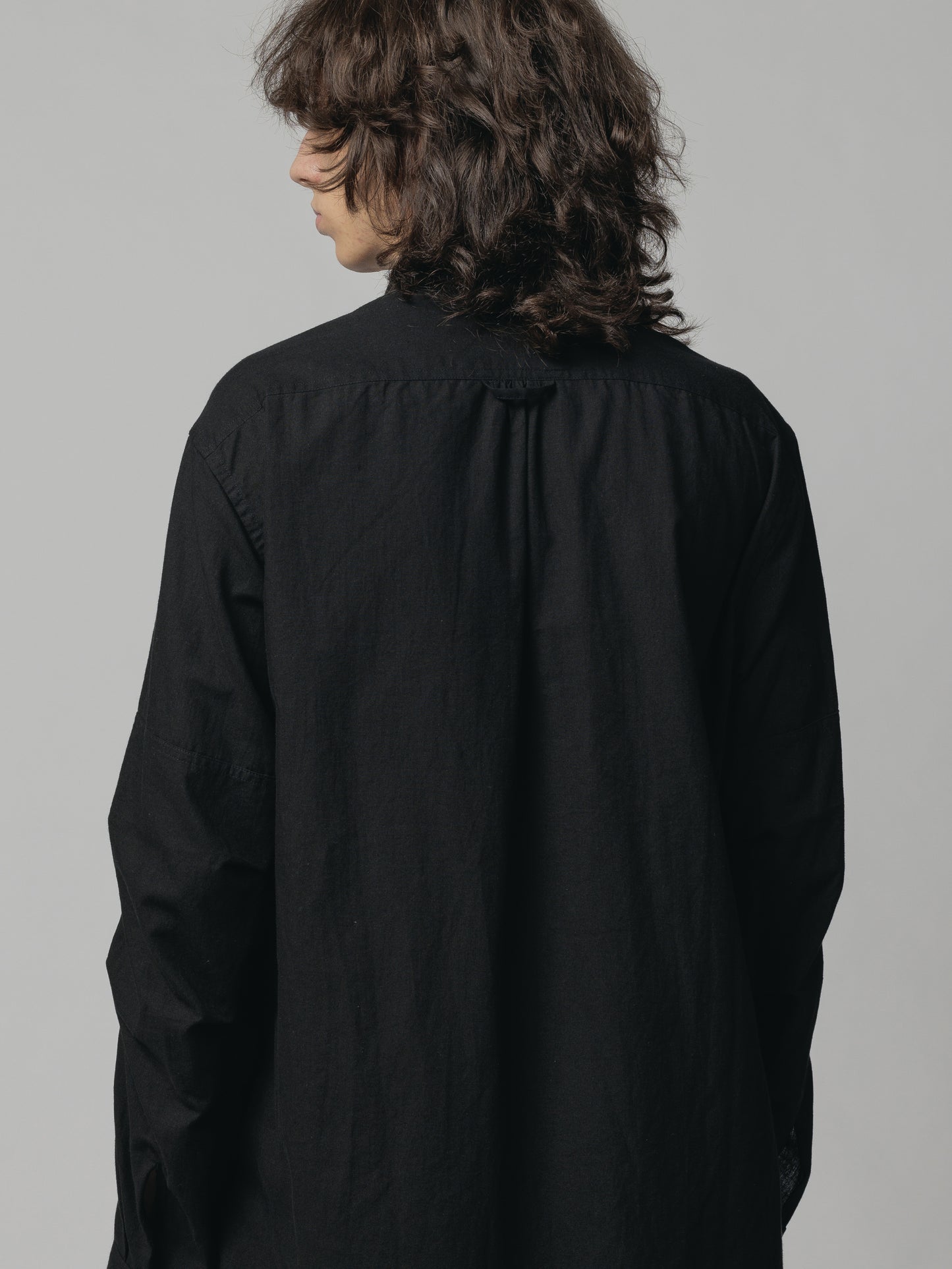 Black Cotton Linen Band Collar Shirt