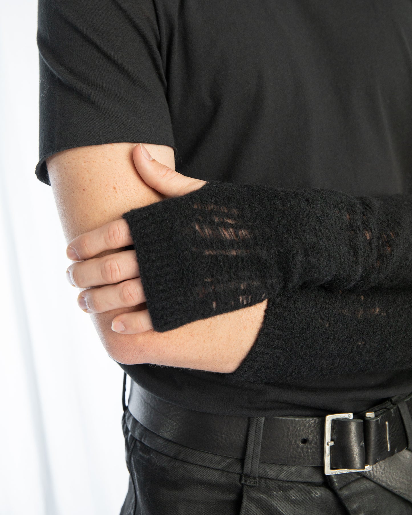 Black Destroyed Cut-Outs Wool Yak Fingerless Gloves