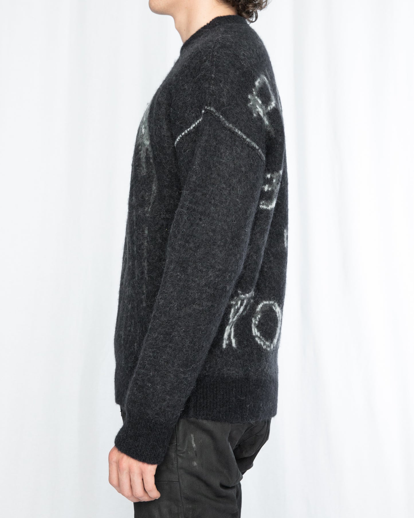 Black Face Print Alpaca Wool Round Neck Sweater