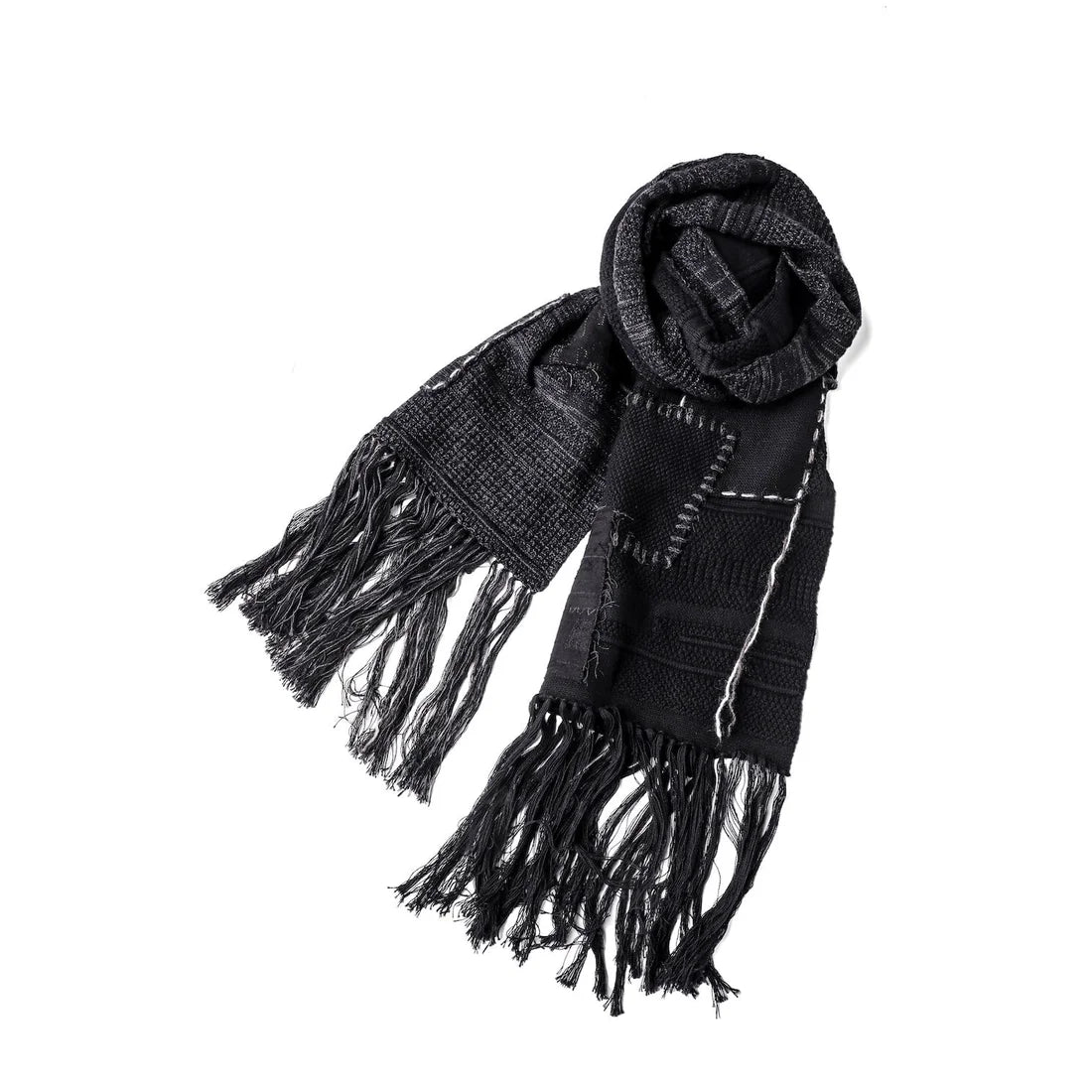 Charcoal x Black Cotton Cashmere Crust Patch Knit Long Stole