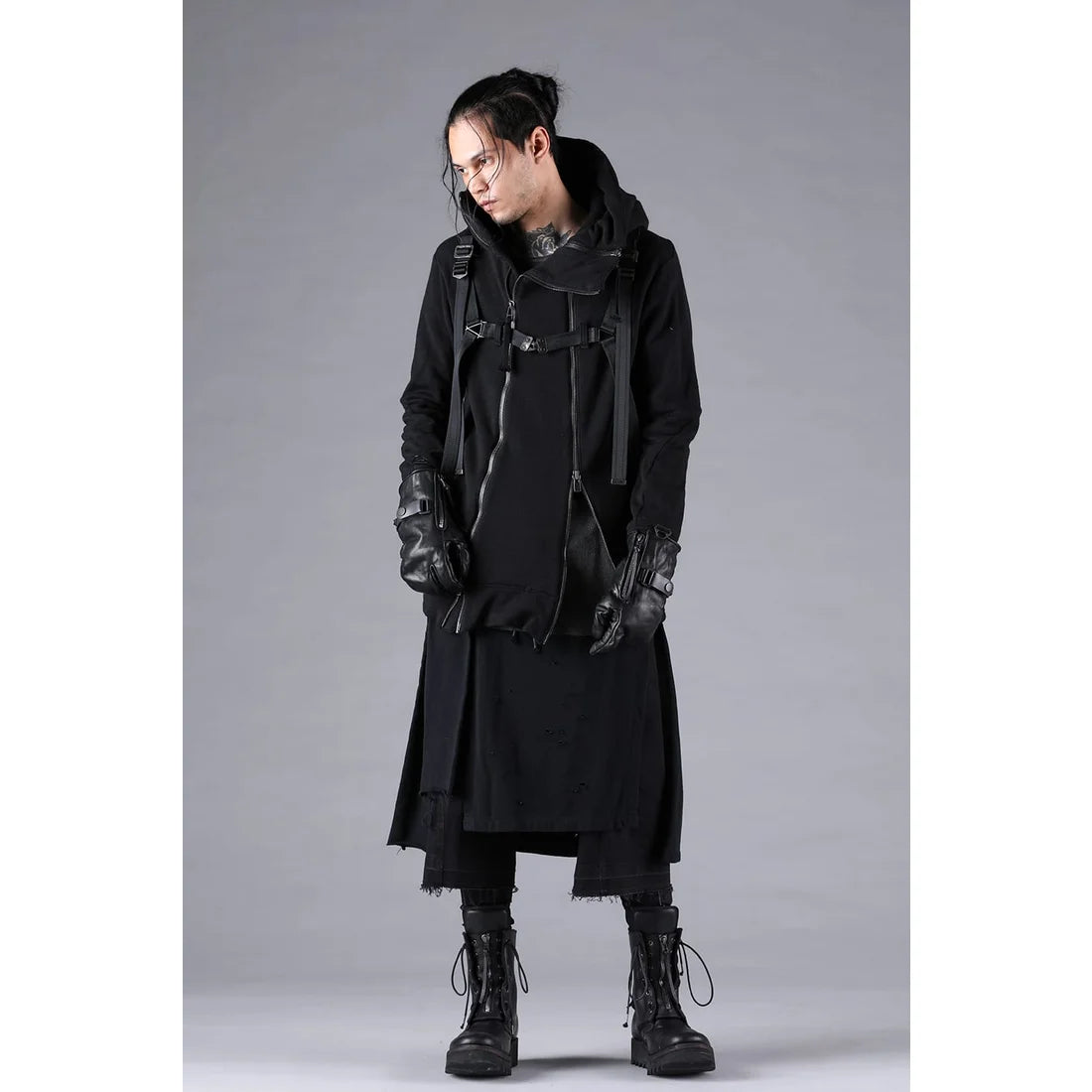 Black Stretch Denim Damage Apron Wide Cropped Pants