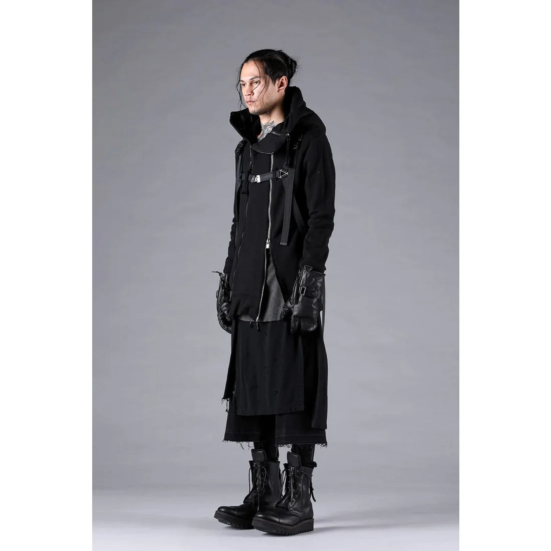 Black Stretch Denim Damage Apron Wide Cropped Pants