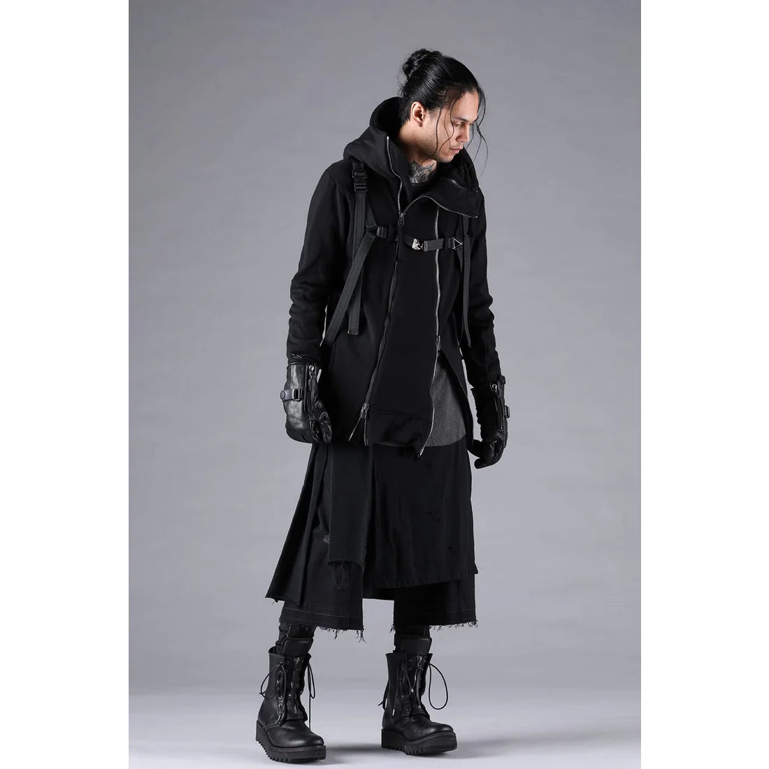 Black Stretch Denim Damage Apron Wide Cropped Pants