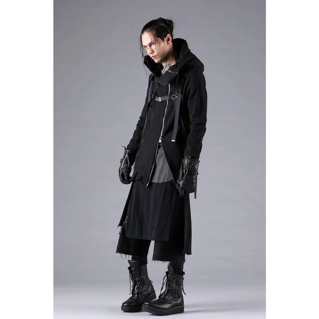 Black Stretch Denim Damage Apron Wide Cropped Pants