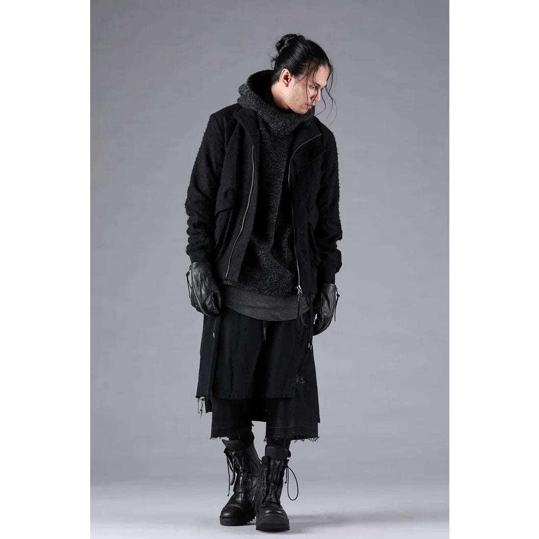 Black Stretch Denim Damage Apron Wide Cropped Pants
