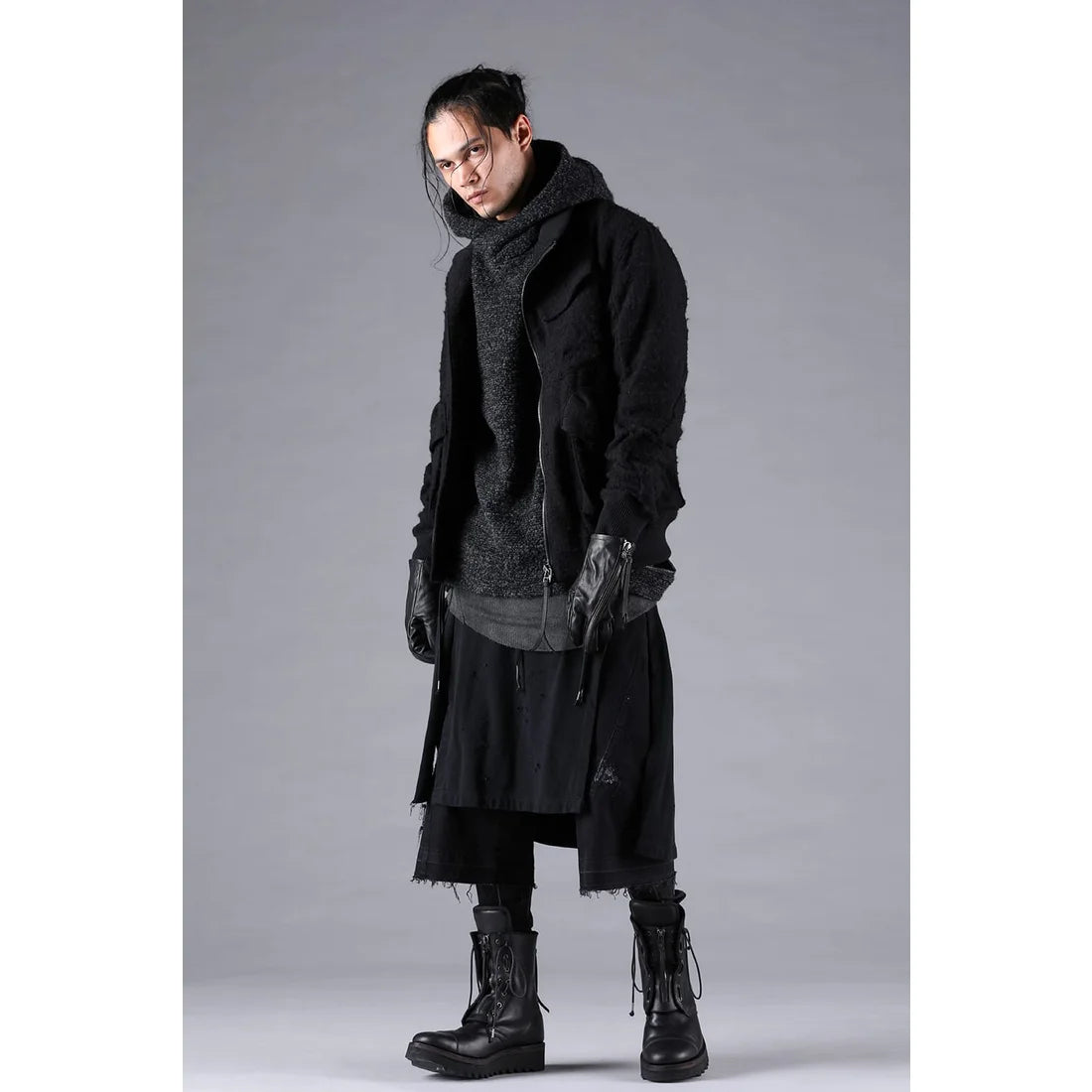 Black Stretch Denim Damage Apron Wide Cropped Pants