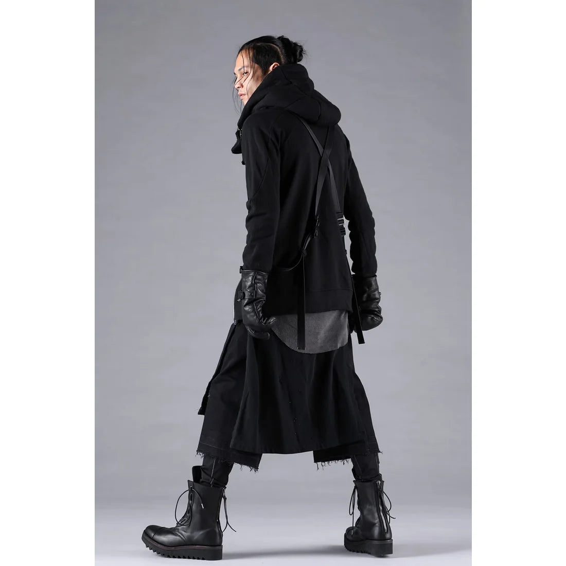 Black Stretch Denim Damage Apron Wide Cropped Pants