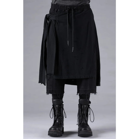 Black Stretch Denim Damage Apron Wide Cropped Pants