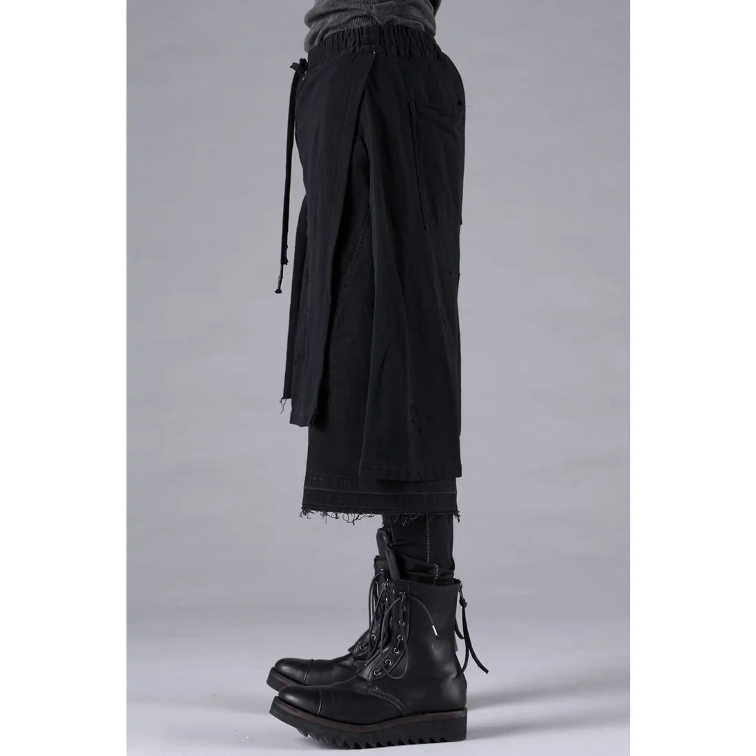 Black Stretch Denim Damage Apron Wide Cropped Pants