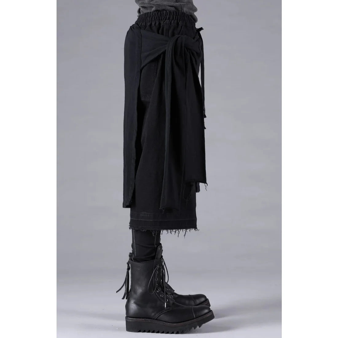 Black Stretch Denim Damage Apron Wide Cropped Pants