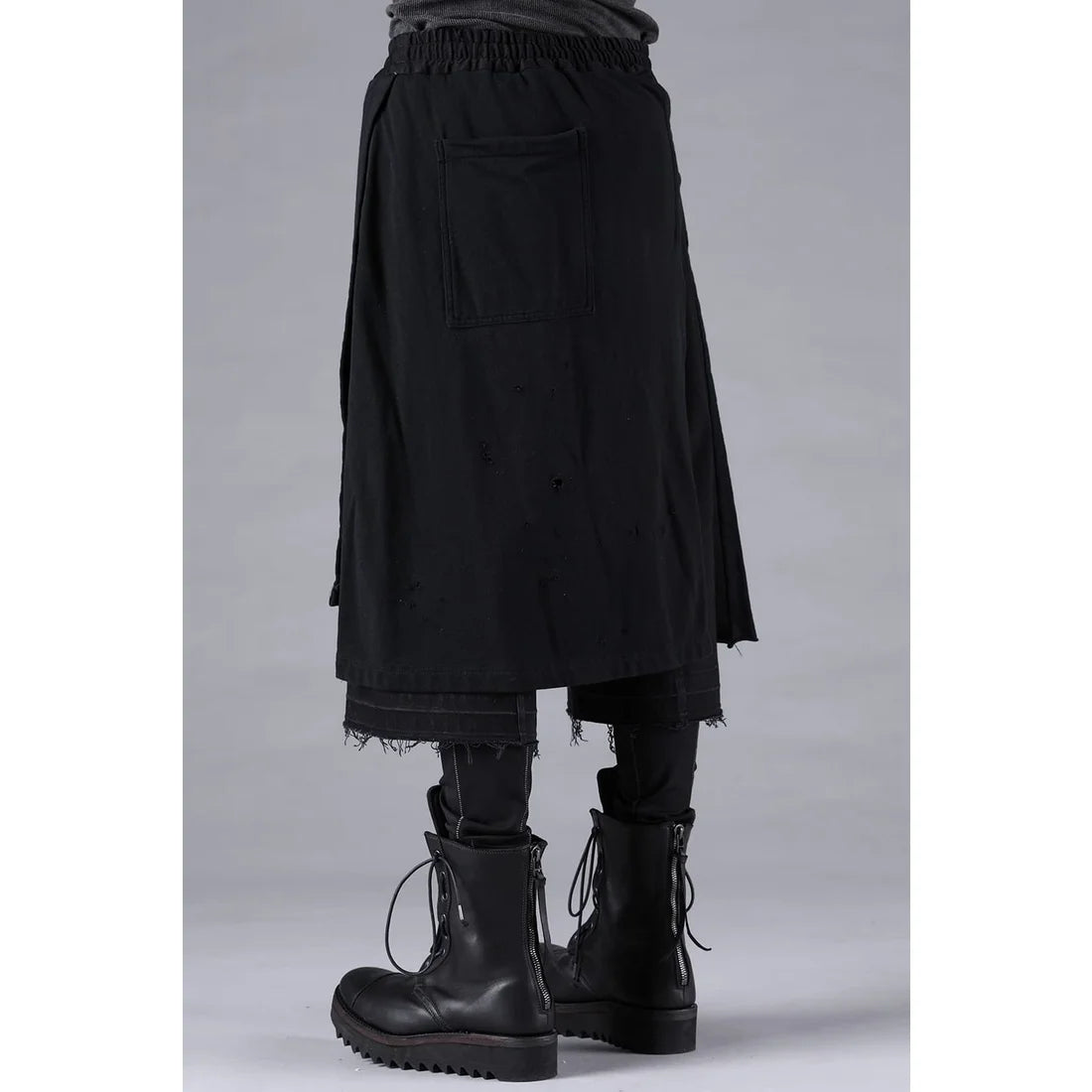 Black Stretch Denim Damage Apron Wide Cropped Pants