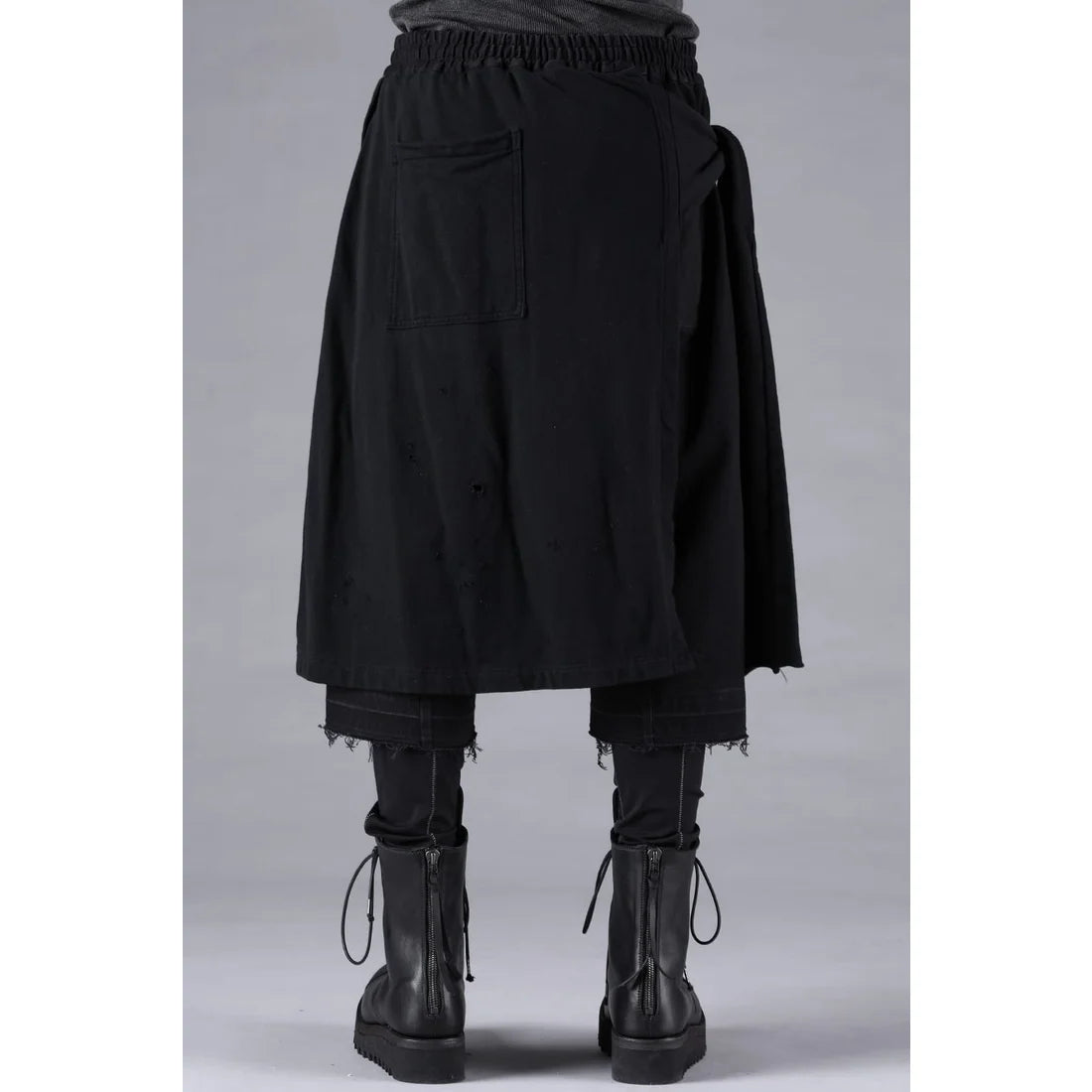Black Stretch Denim Damage Apron Wide Cropped Pants