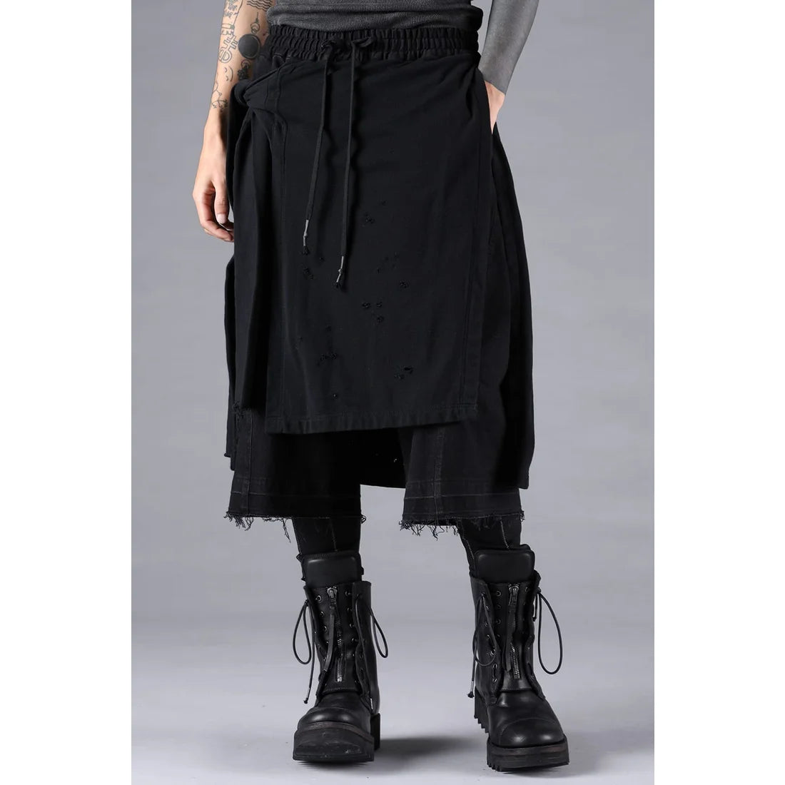 Black Stretch Denim Damage Apron Wide Cropped Pants