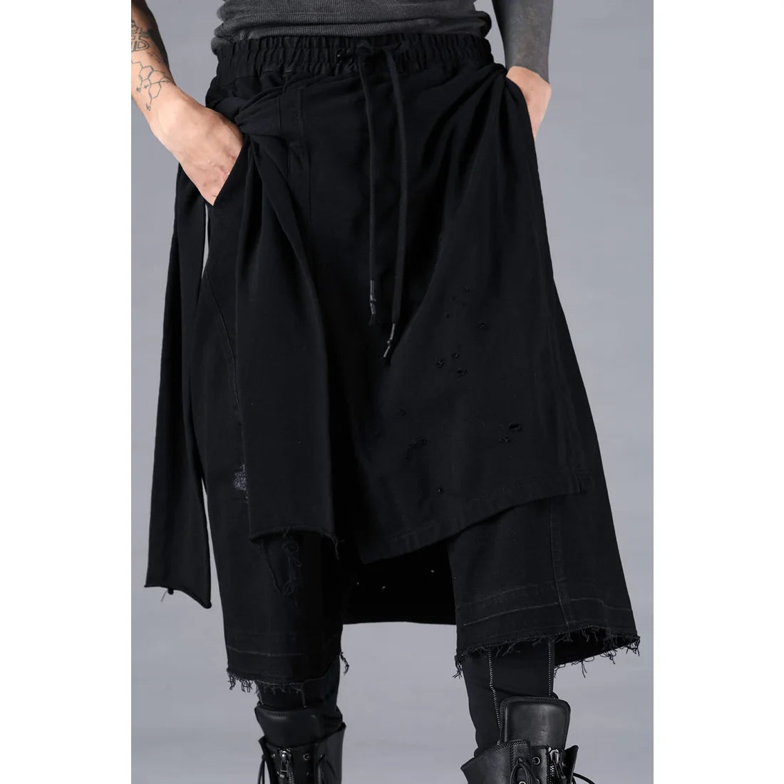 Black Stretch Denim Damage Apron Wide Cropped Pants
