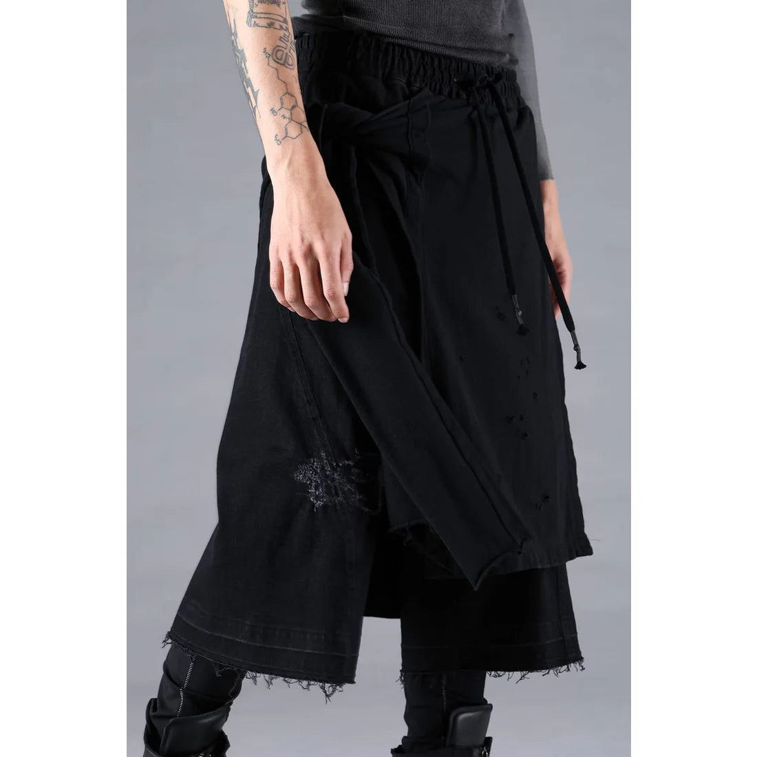 Black Stretch Denim Damage Apron Wide Cropped Pants