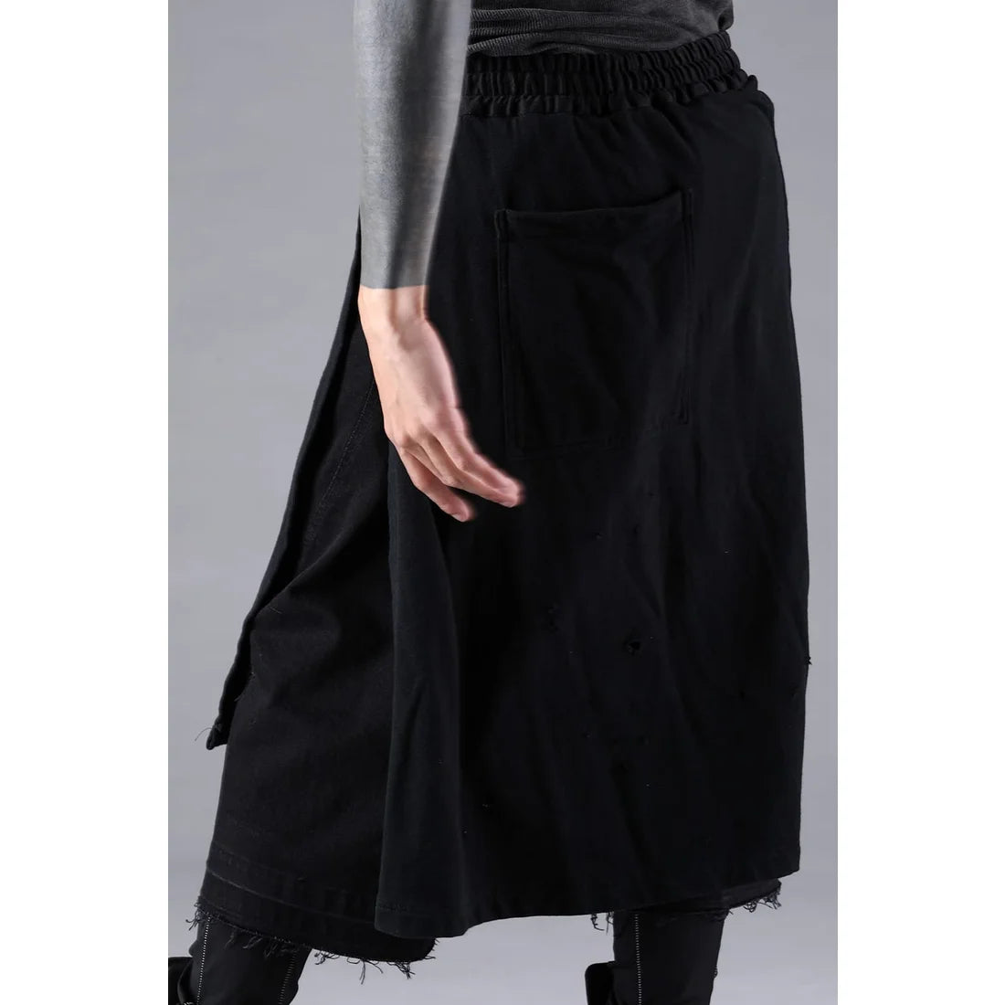 Black Stretch Denim Damage Apron Wide Cropped Pants