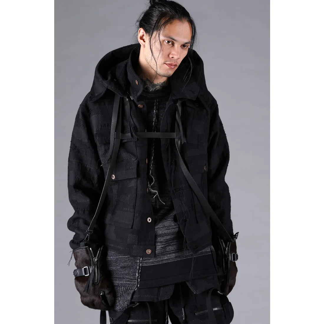 Black Crust Patchwork Jacquard w/ detachable hoodie Jacket
