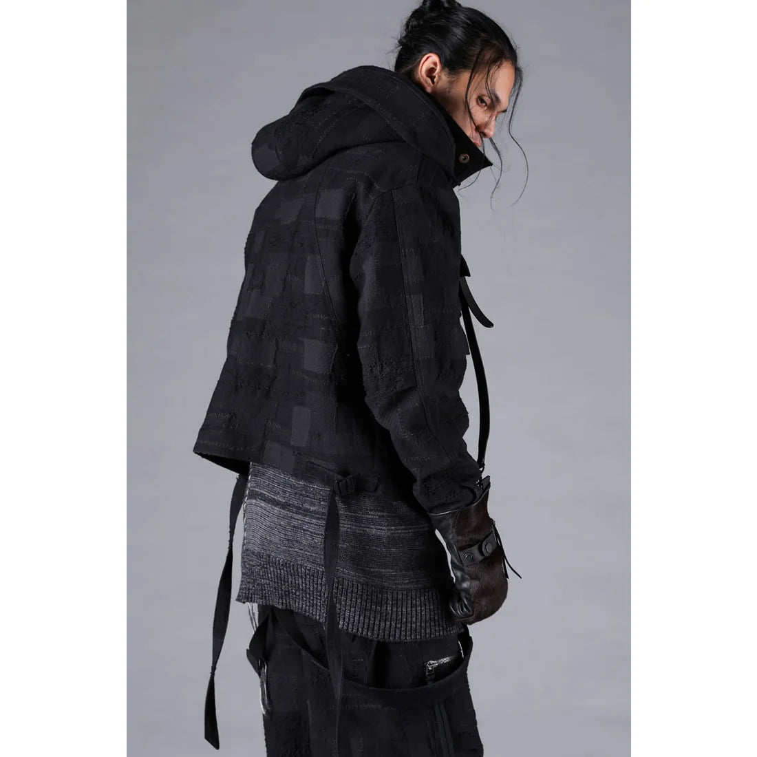 Black Crust Patchwork Jacquard w/ detachable hoodie Jacket