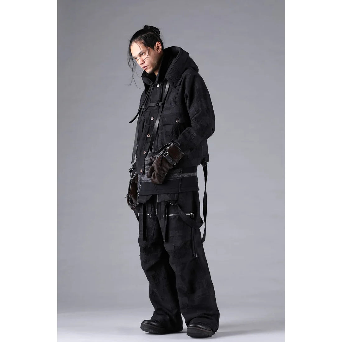 Black Crust Patchwork Jacquard w/ detachable hoodie Jacket