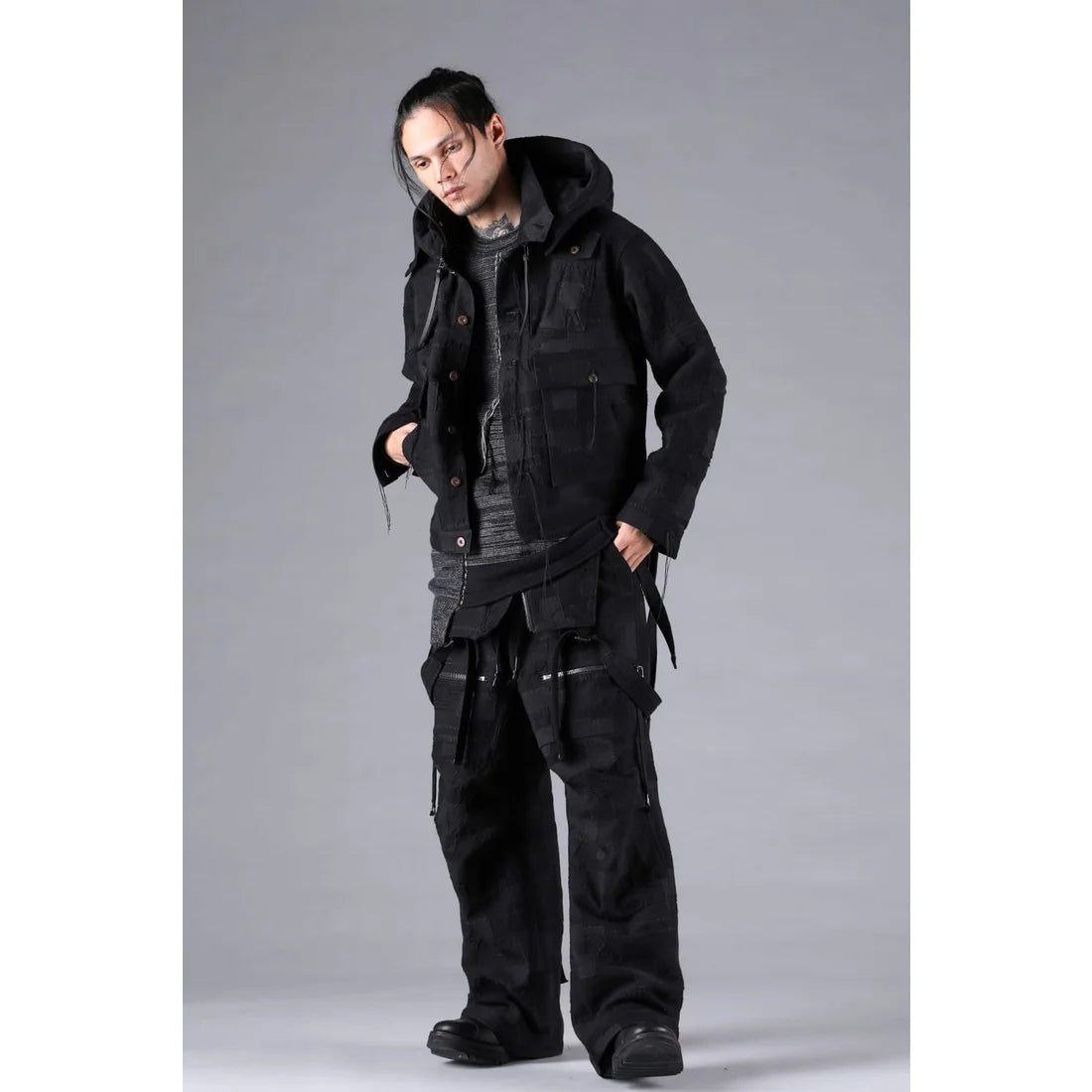Black Crust Patchwork Jacquard w/ detachable hoodie Jacket