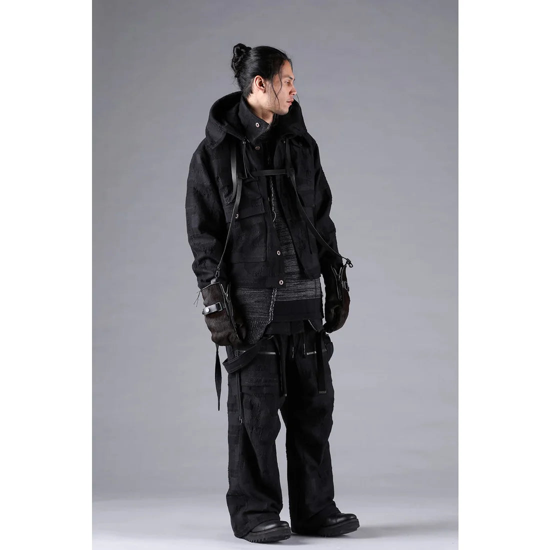 Black Crust Patchwork Jacquard w/ detachable hoodie Jacket