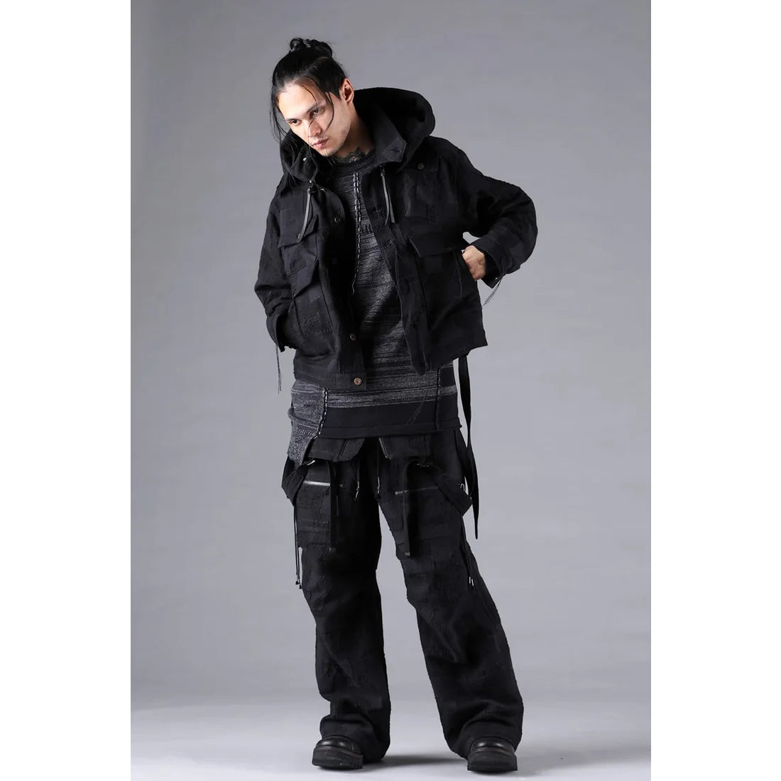 Black Crust Patchwork Jacquard w/ detachable hoodie Jacket