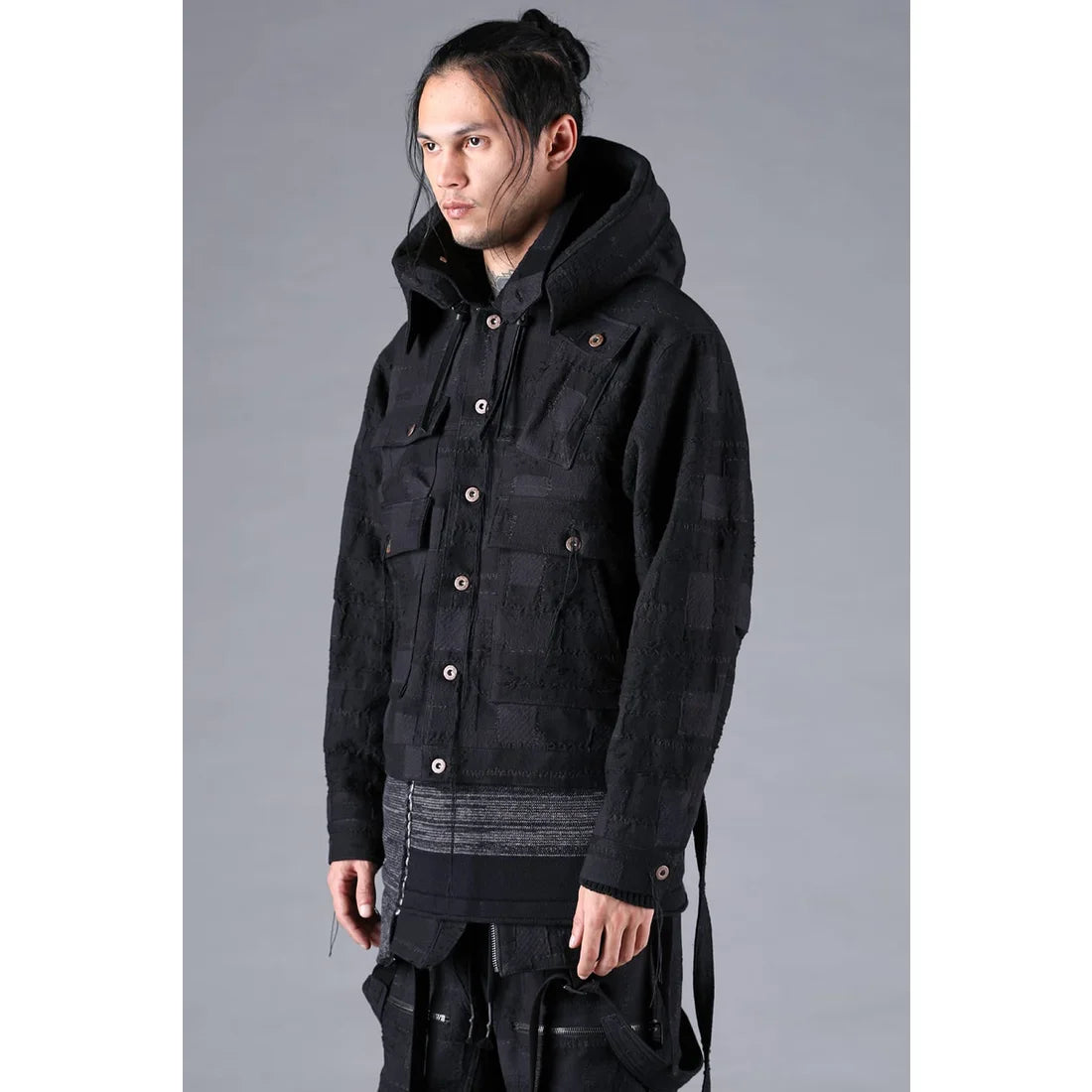 Black Crust Patchwork Jacquard w/ detachable hoodie Jacket