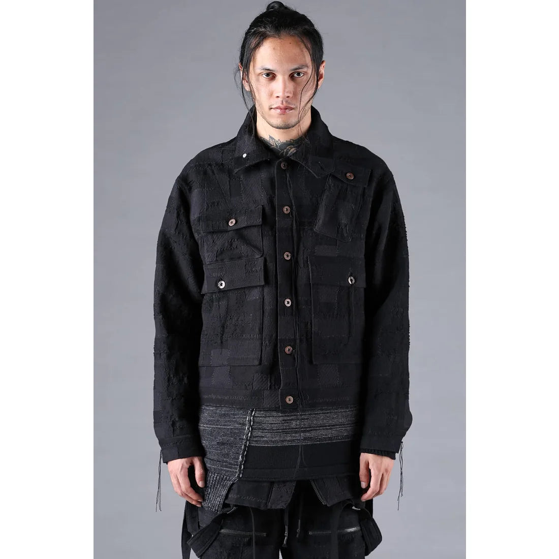 Black Crust Patchwork Jacquard w/ detachable hoodie Jacket