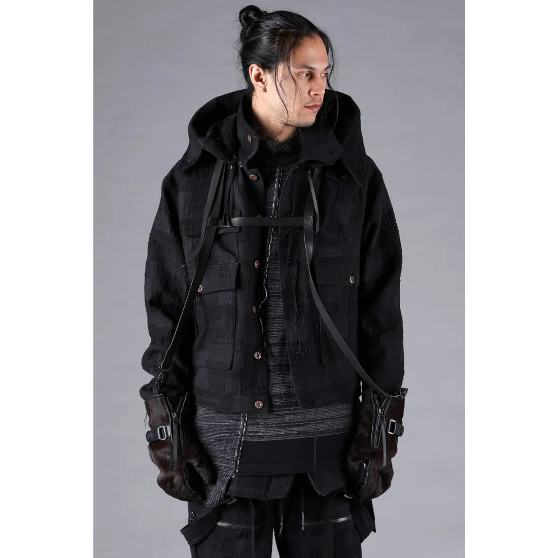 Black Crust Patchwork Jacquard w/ detachable hoodie Jacket