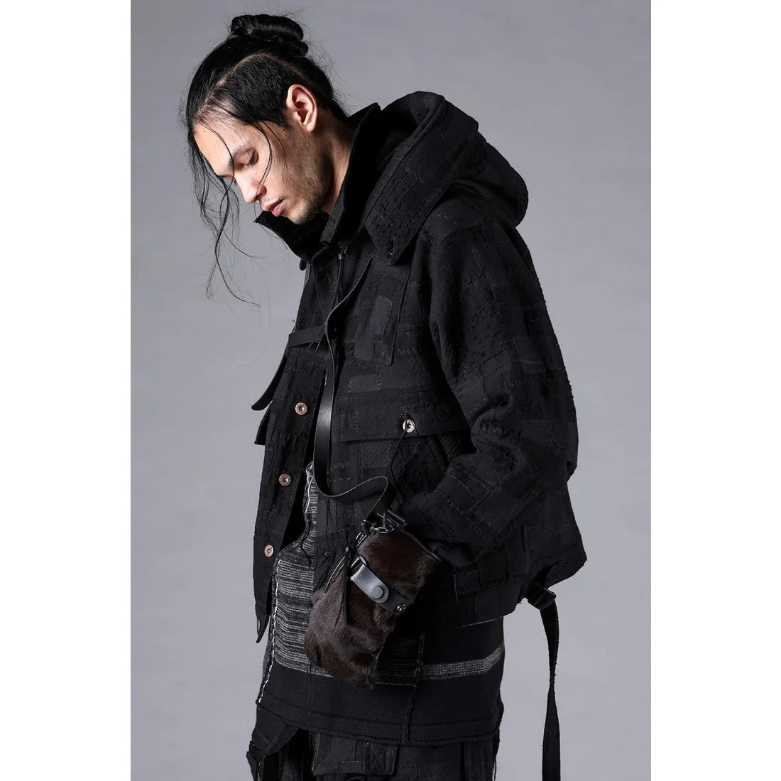 Black Crust Patchwork Jacquard w/ detachable hoodie Jacket