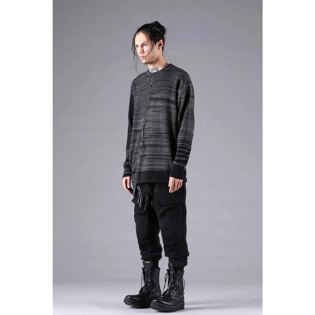 Charcoal Cotton Cashmere Unbalanced Border Knit Pullover