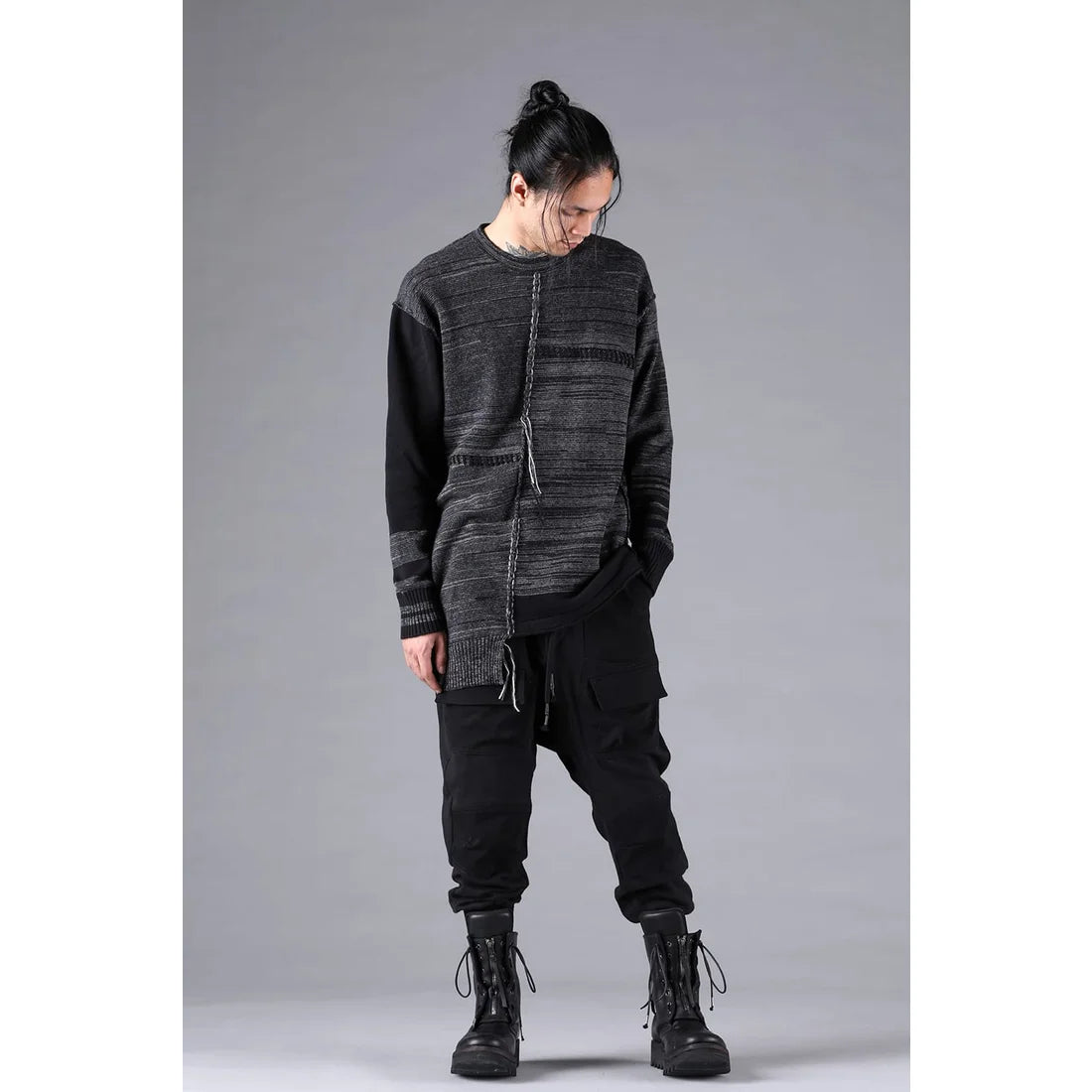 Charcoal Cotton Cashmere Unbalanced Border Knit Pullover