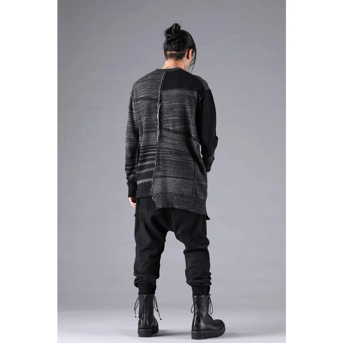 Charcoal Cotton Cashmere Unbalanced Border Knit Pullover