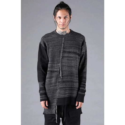 Charcoal Cotton Cashmere Unbalanced Border Knit Pullover