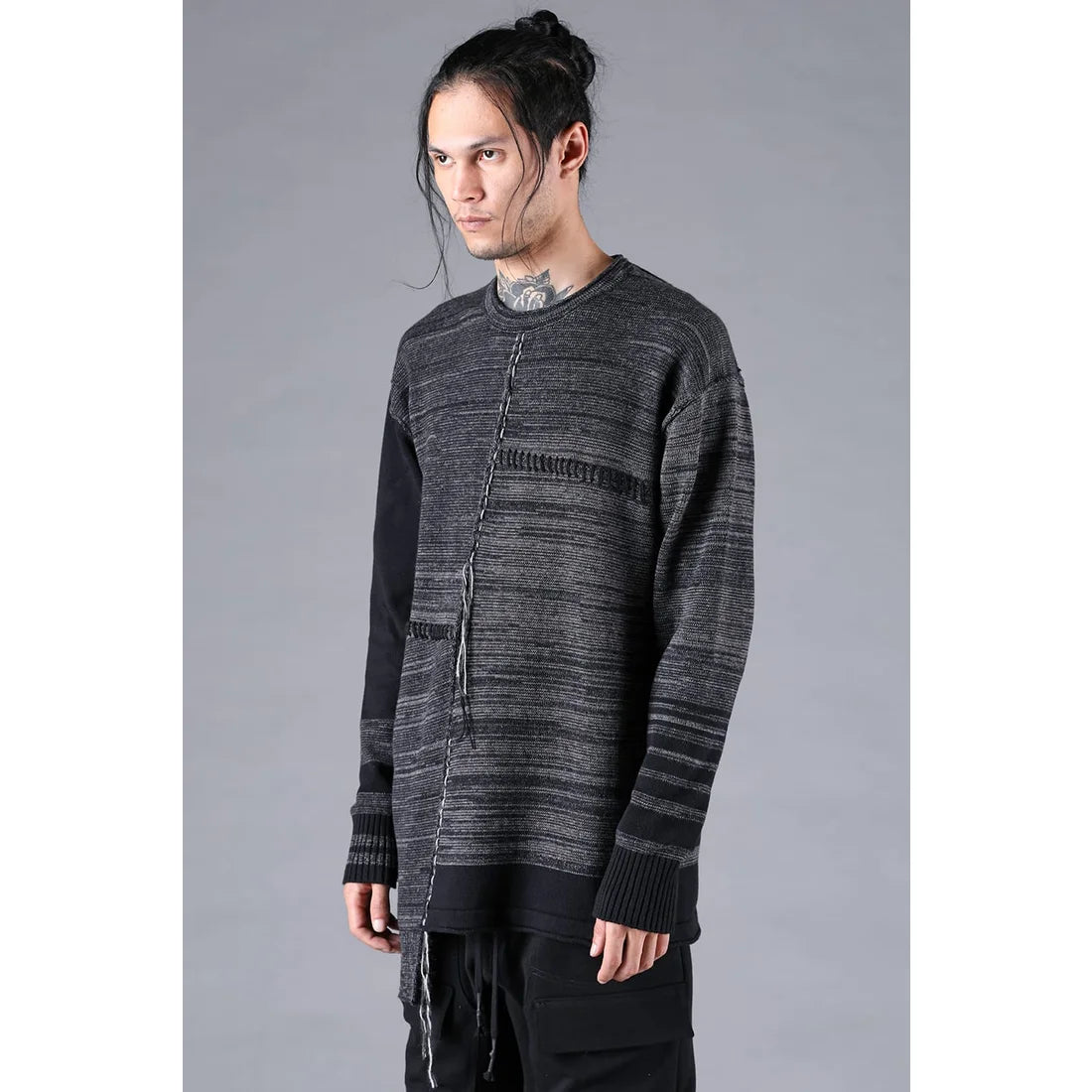Charcoal Cotton Cashmere Unbalanced Border Knit Pullover
