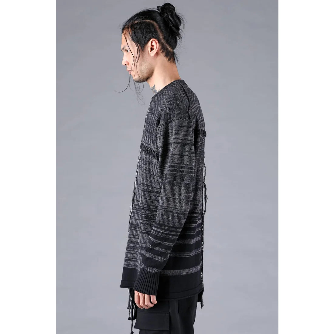 Charcoal Cotton Cashmere Unbalanced Border Knit Pullover