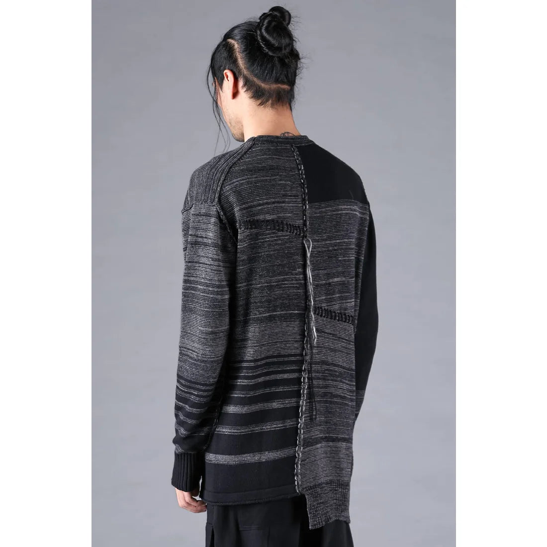 Charcoal Cotton Cashmere Unbalanced Border Knit Pullover