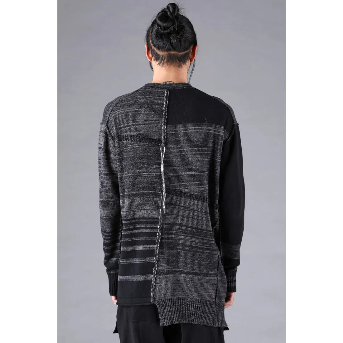 Charcoal Cotton Cashmere Unbalanced Border Knit Pullover