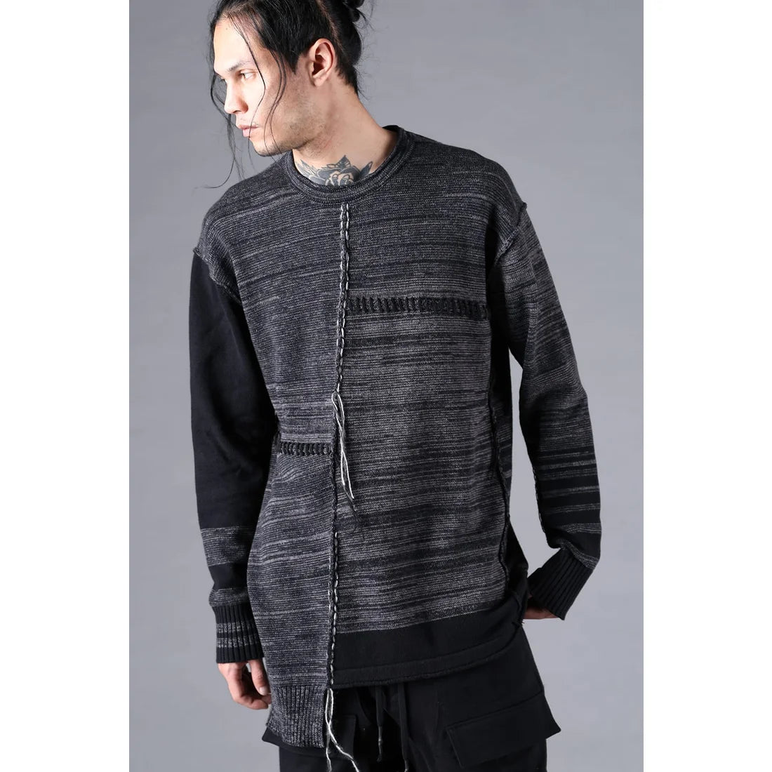 Charcoal Cotton Cashmere Unbalanced Border Knit Pullover
