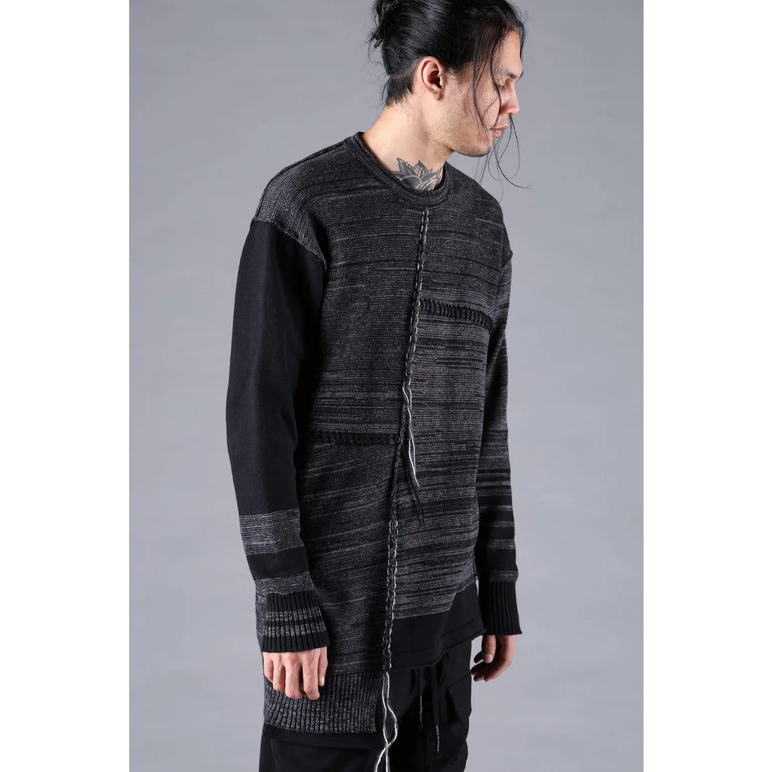 Charcoal Cotton Cashmere Unbalanced Border Knit Pullover