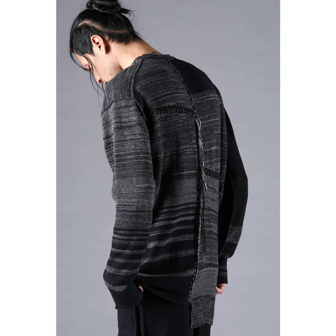 Charcoal Cotton Cashmere Unbalanced Border Knit Pullover