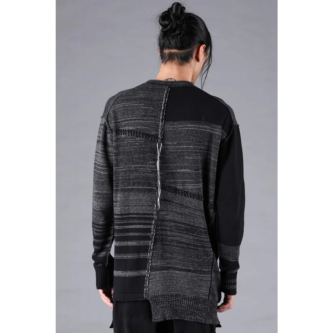 Charcoal Cotton Cashmere Unbalanced Border Knit Pullover